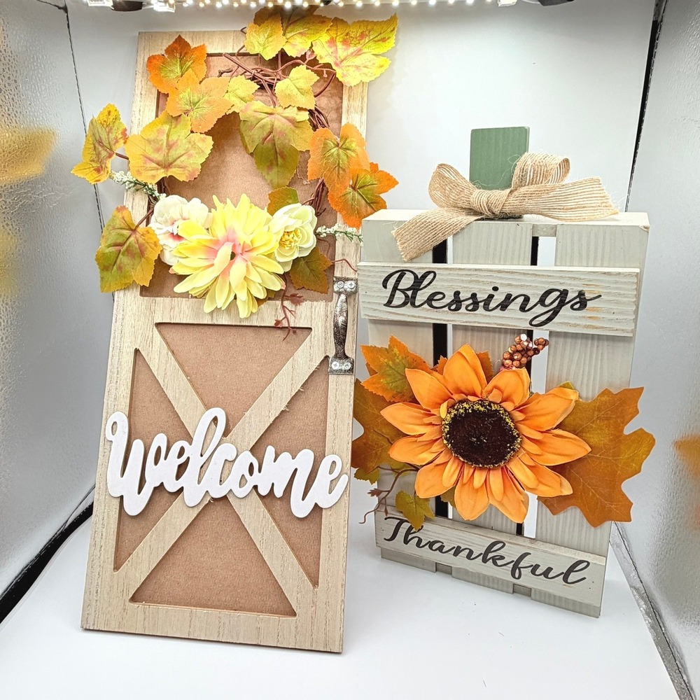 Unbranded Fall Home Decor Lot 2 Piece Tan White Excellent Rustic Autumn Signs - Picture 2 of 10